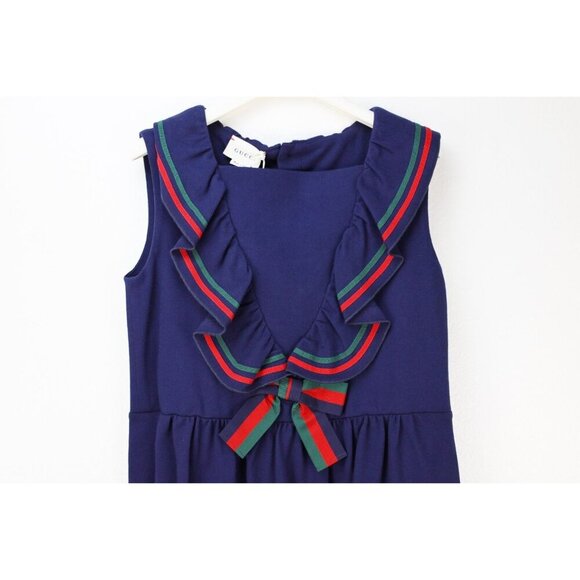 NWT Gucci kids ruffled dress with bow navy blue red green size 10 - Picture 4 of 12